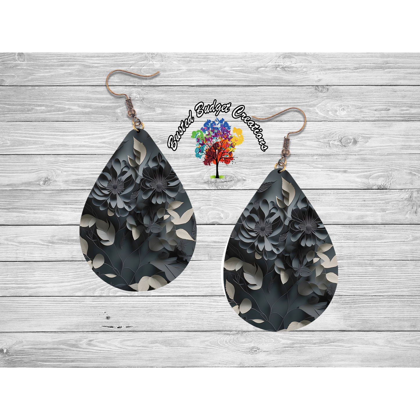 Black and white flowers teardrop earrings