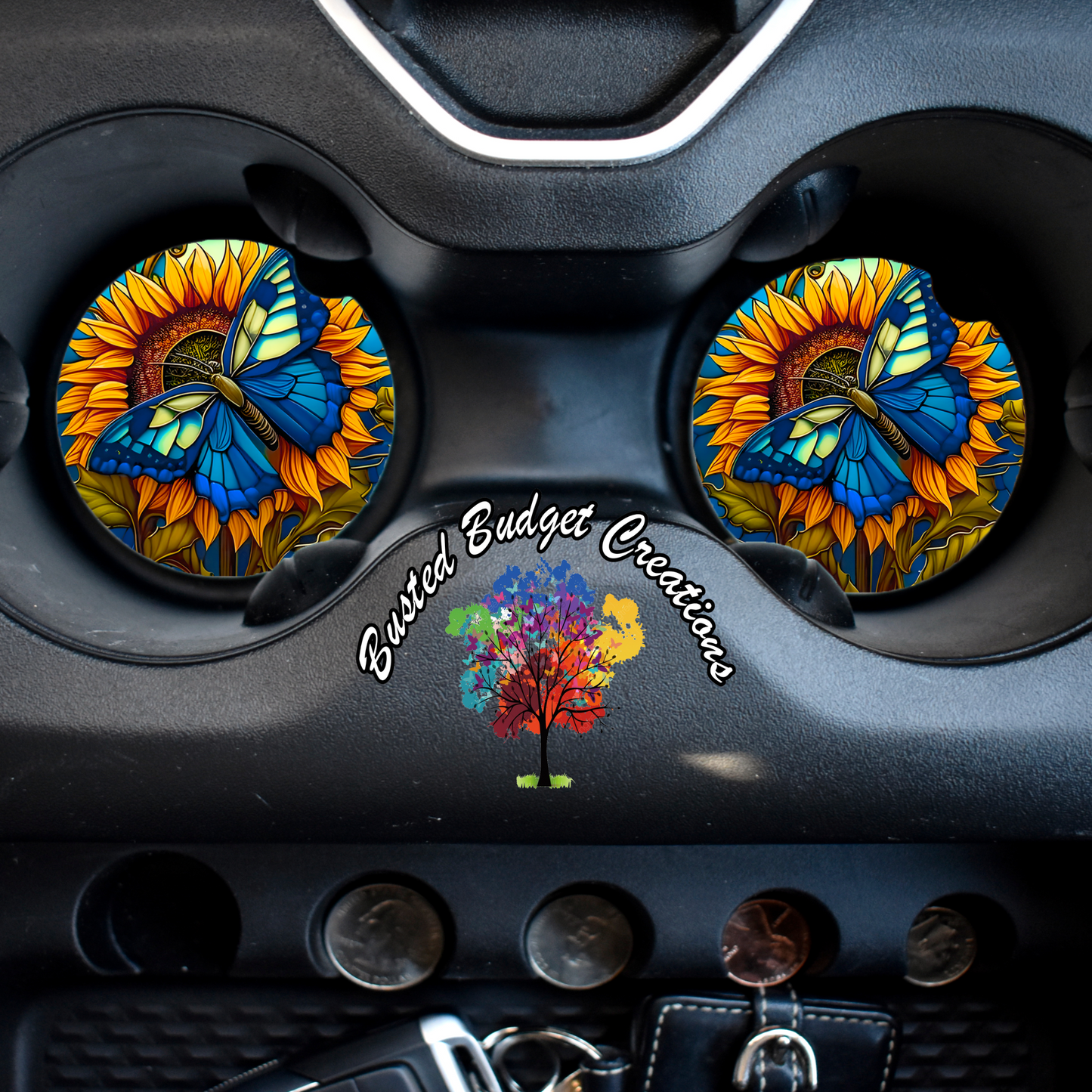 Butterfly on Sunflower Ceramic Car Coaster