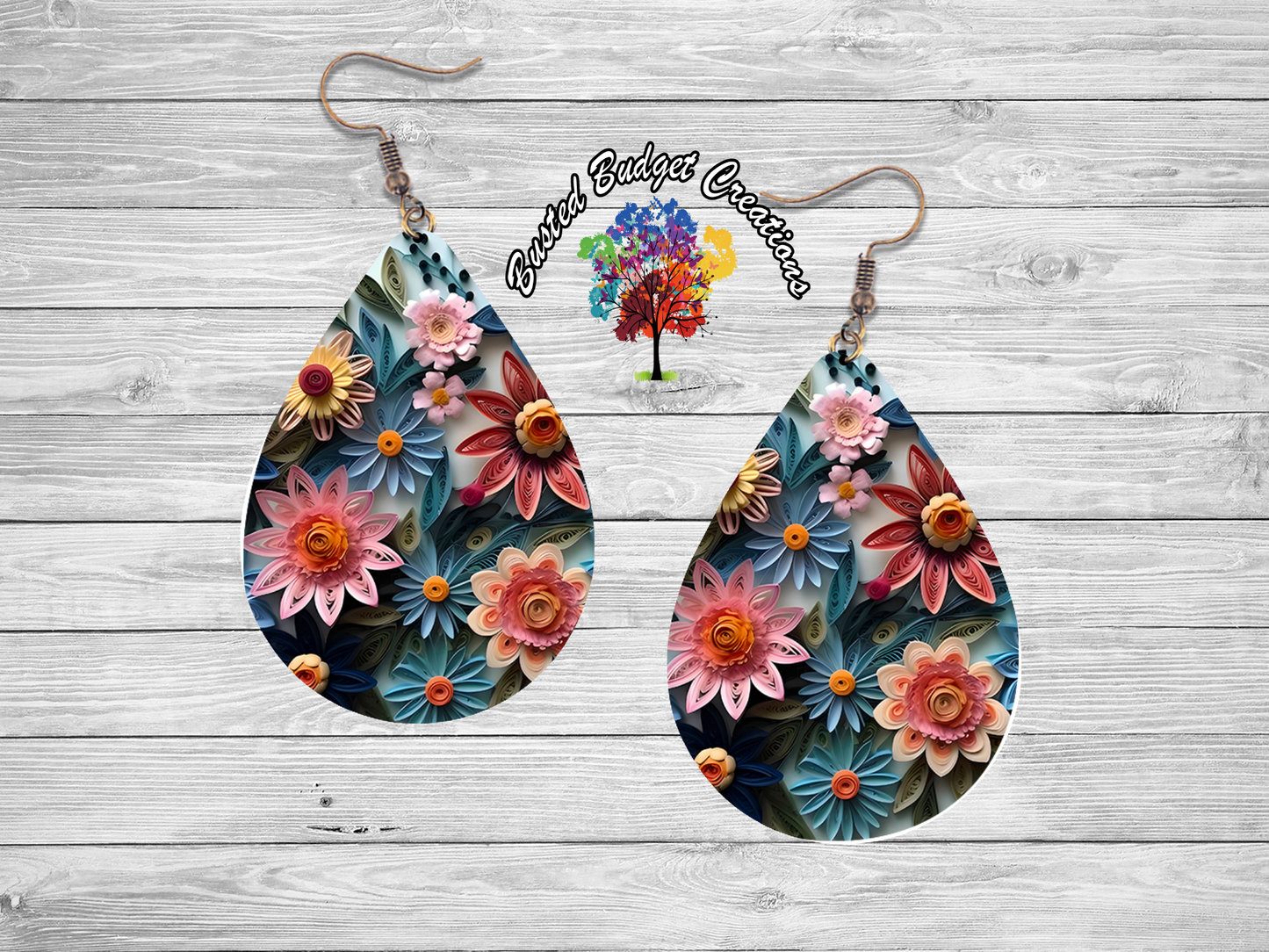 Blue quill flower teardrop earrings