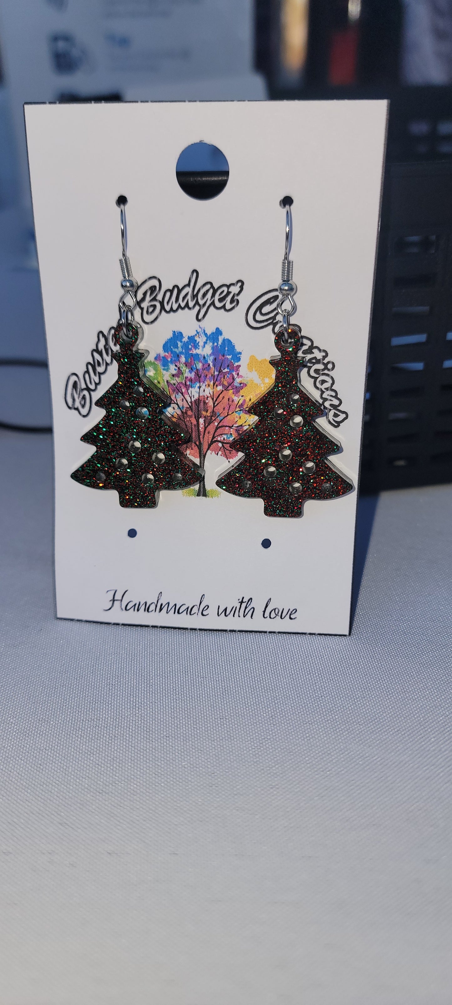 Green red glitter Christmas tree earrings