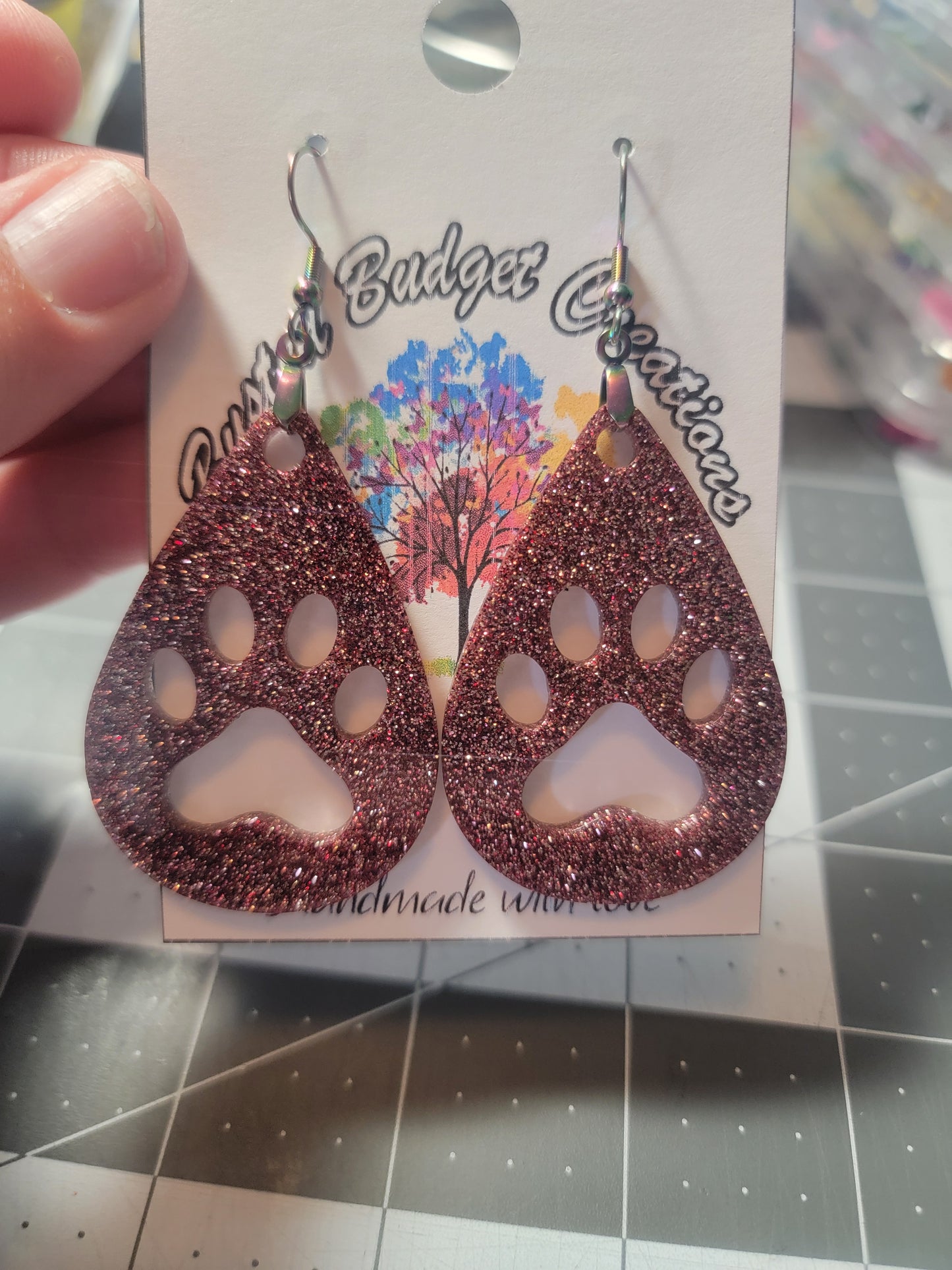 Deep Rose Gold paw print teardrop earring