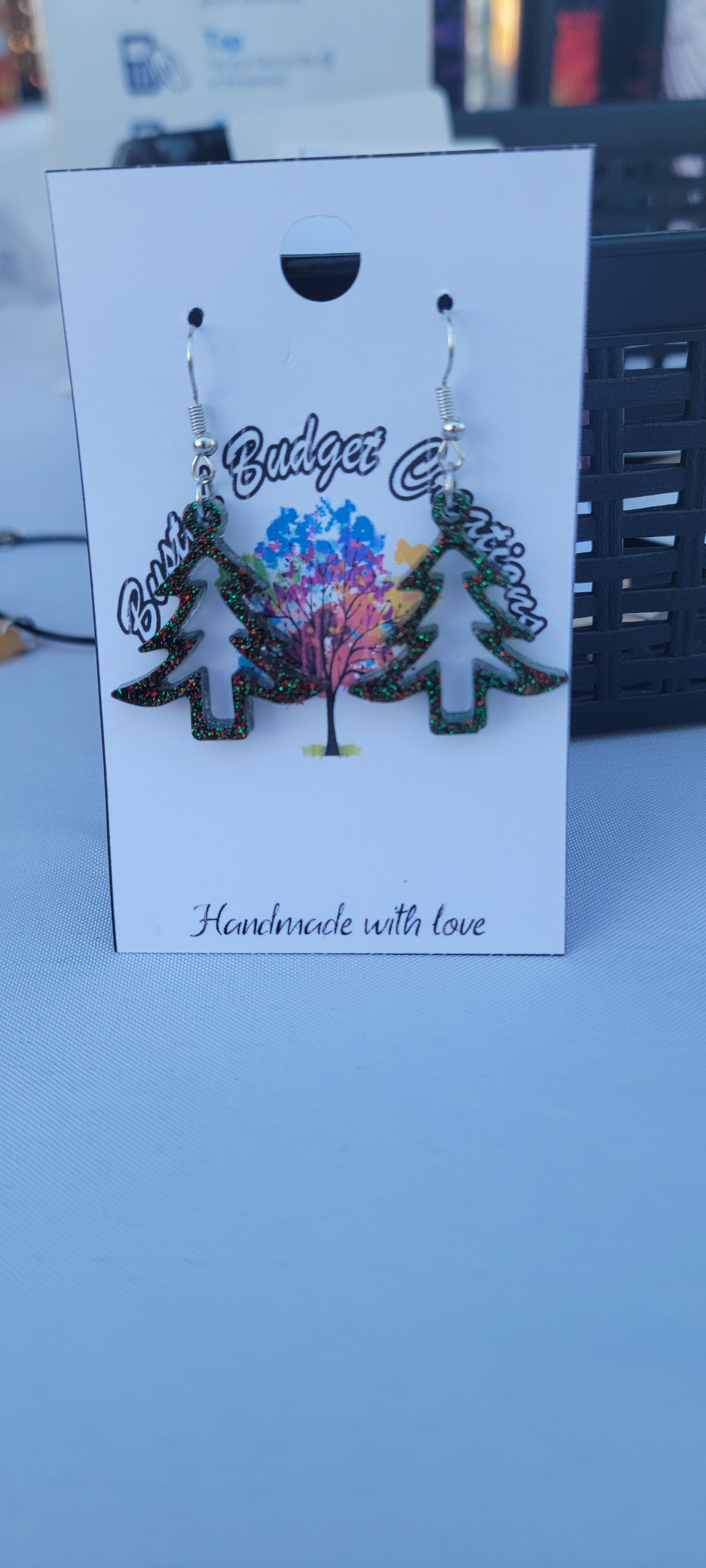 Green red glitter Christmas tree earrings