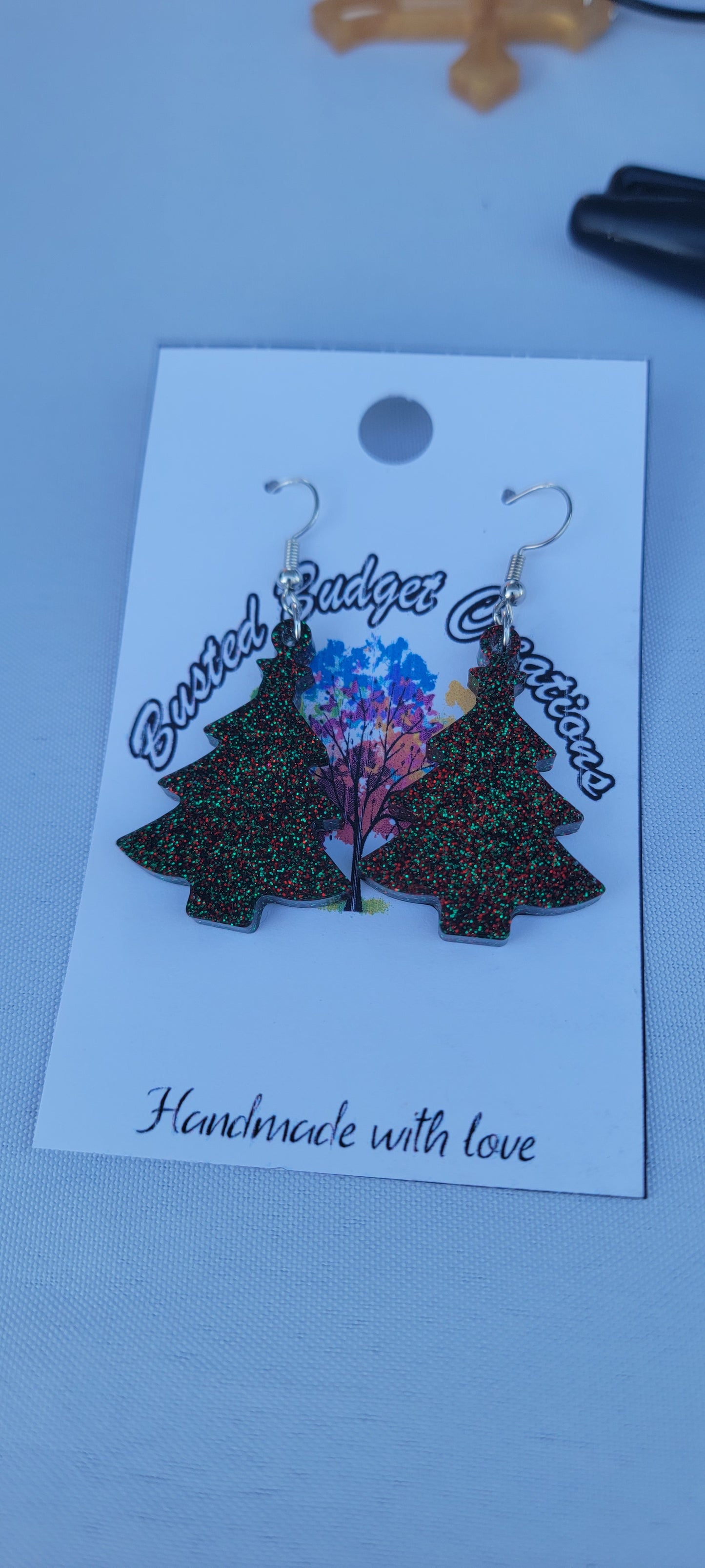 Green red glitter Christmas tree earrings
