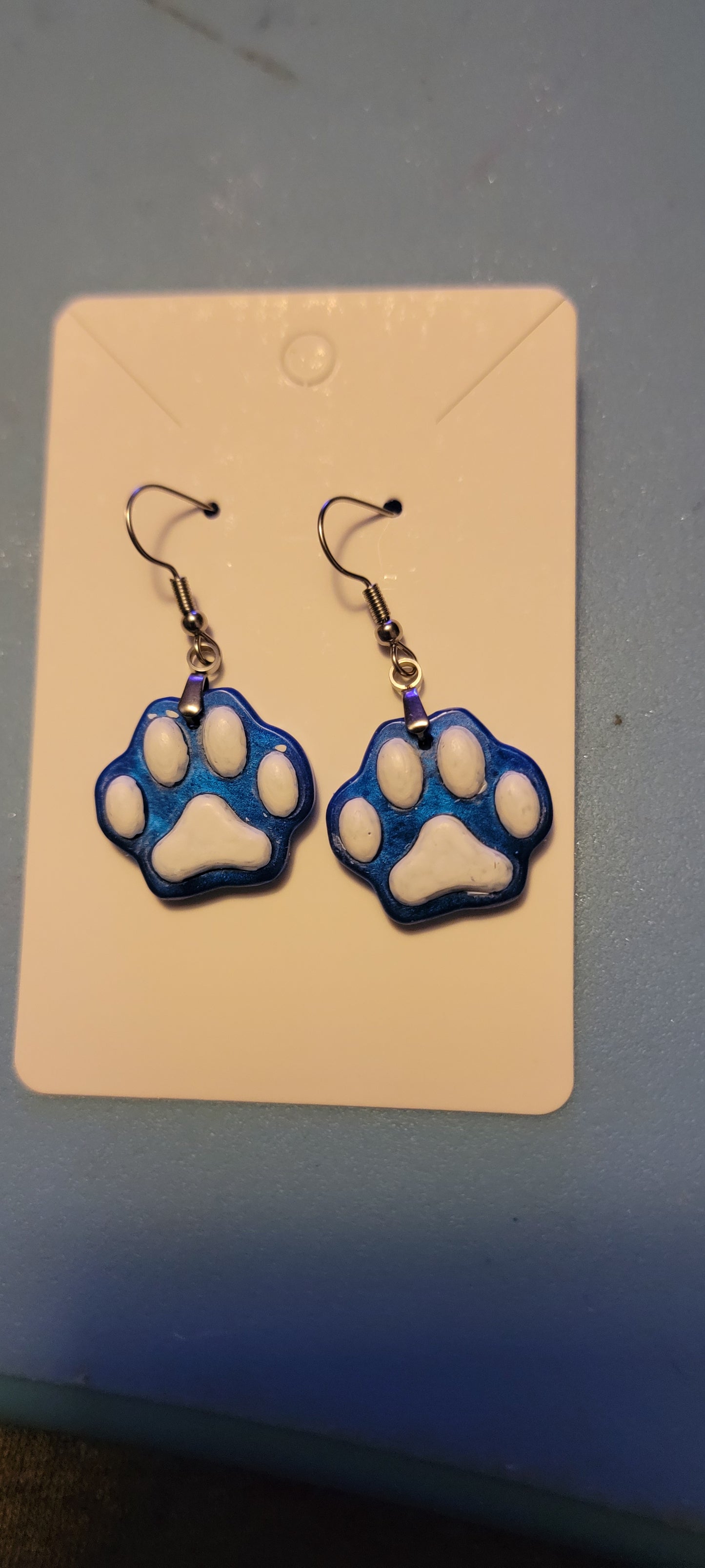 Blue White paw print dangle resin earring