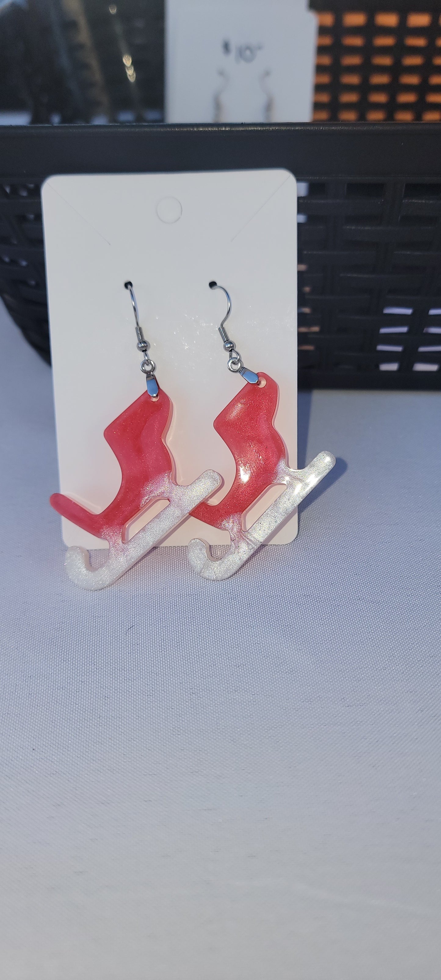 Red white mica sleigh earrings