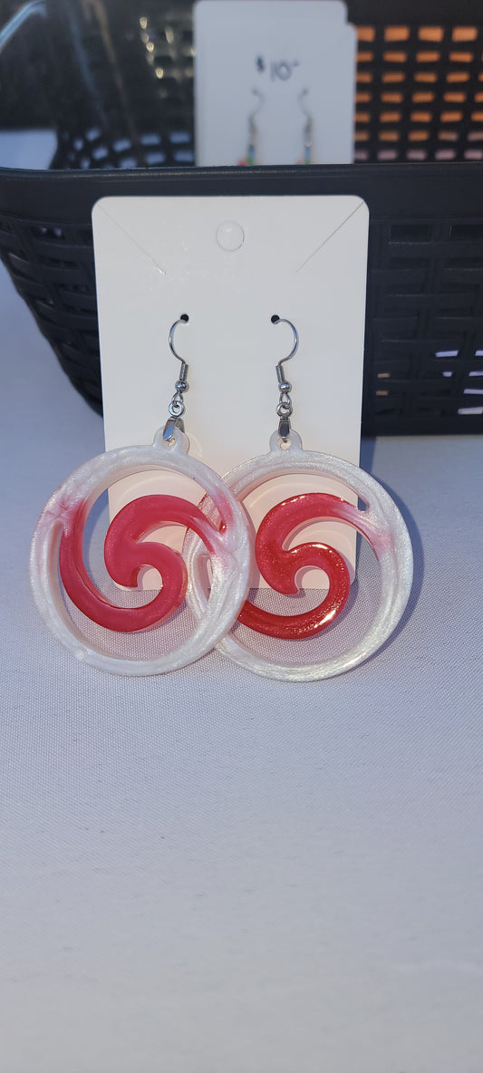 Red white mica swirl round earrings