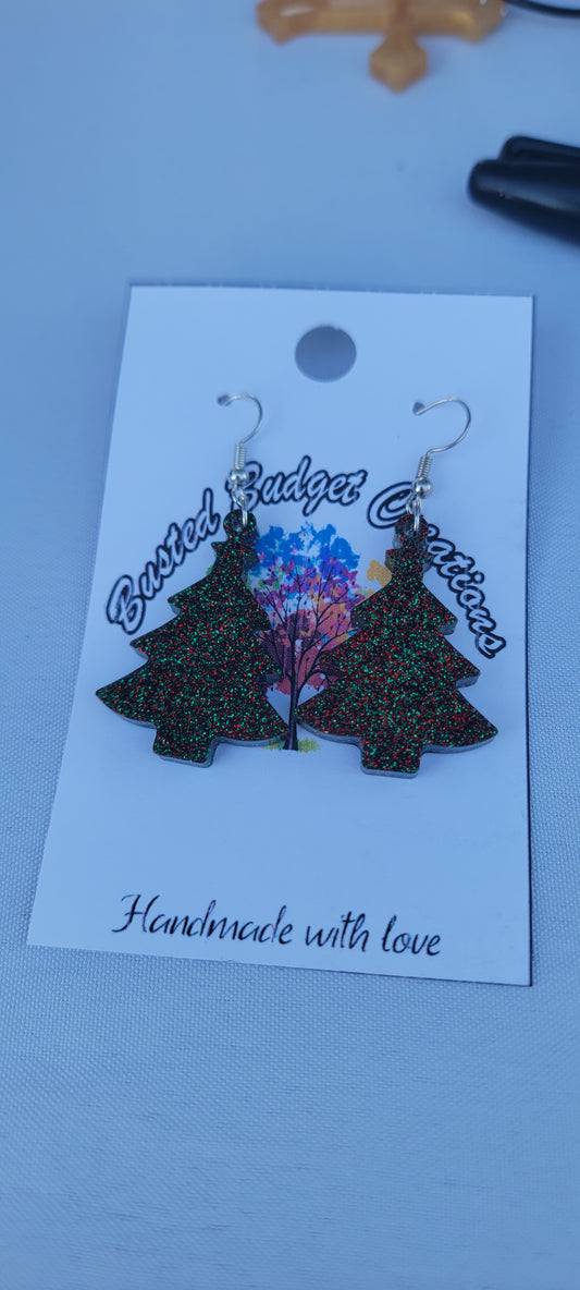 Green red glitter Christmas tree earrings