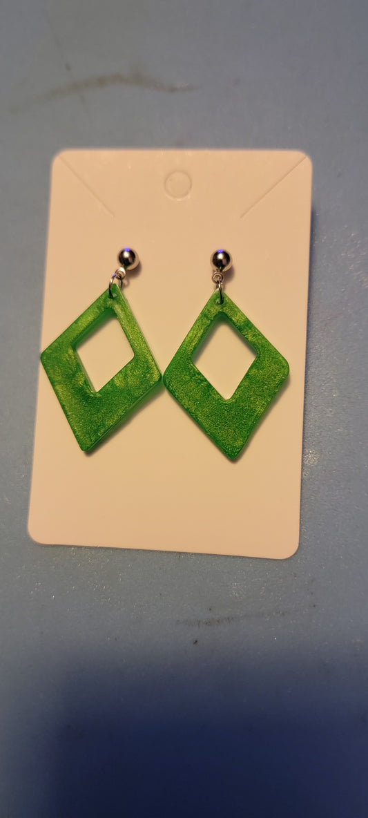 Green mica triangle resin earrings